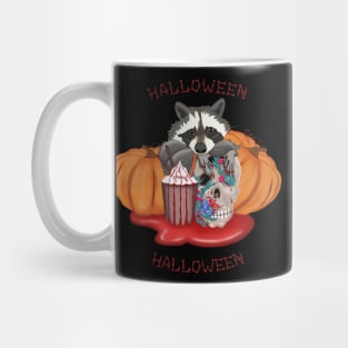Halloween Raccoon with skull and pumpkins in the blood puddle Mug